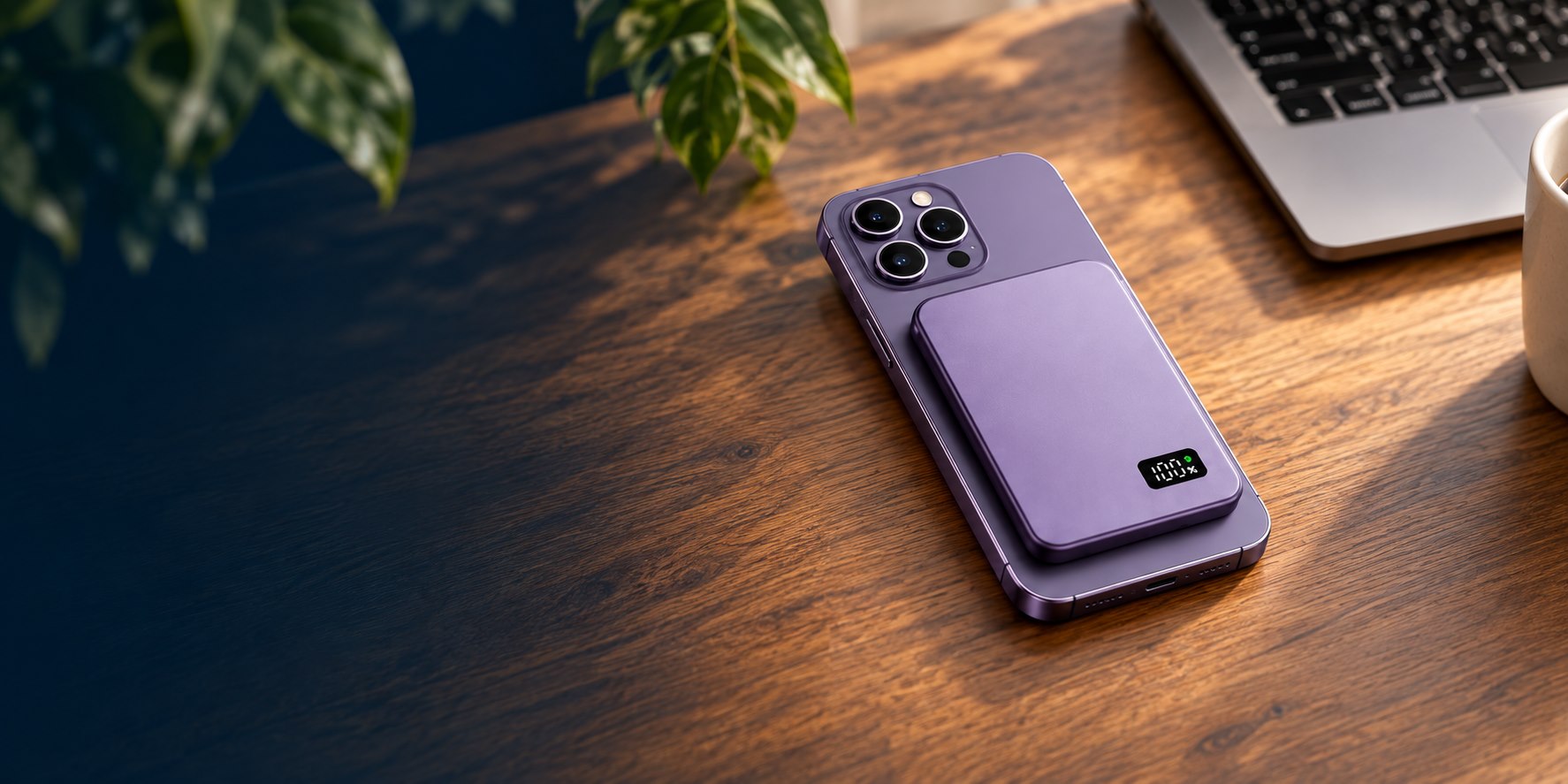 Purple magnetic power bank attached to a phone on a wooden desk