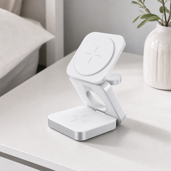 3-in-1 Foldable Wireless Charging Station in white on a bedside table