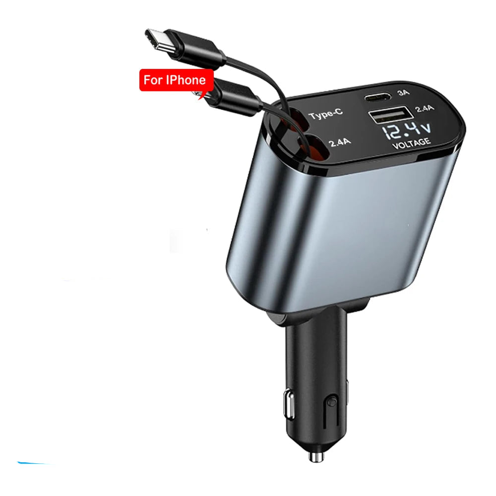 4-in-1 car phone charger alternate source angle showing the fixed connector layout