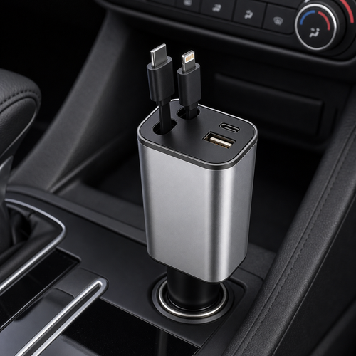 4-in-1 car phone charger plugged into a vehicle 12V socket with integrated leads and top ports