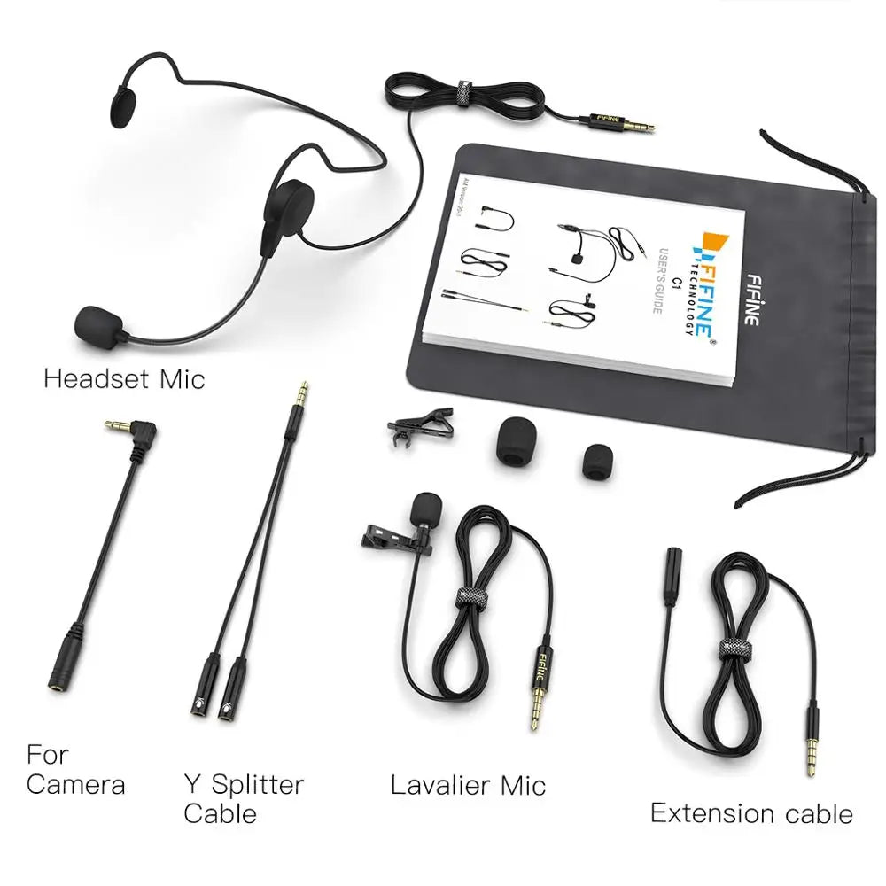 FIFINE source package layout showing headset mic, lavalier mic, camera adapter, splitter cable, and extension cable