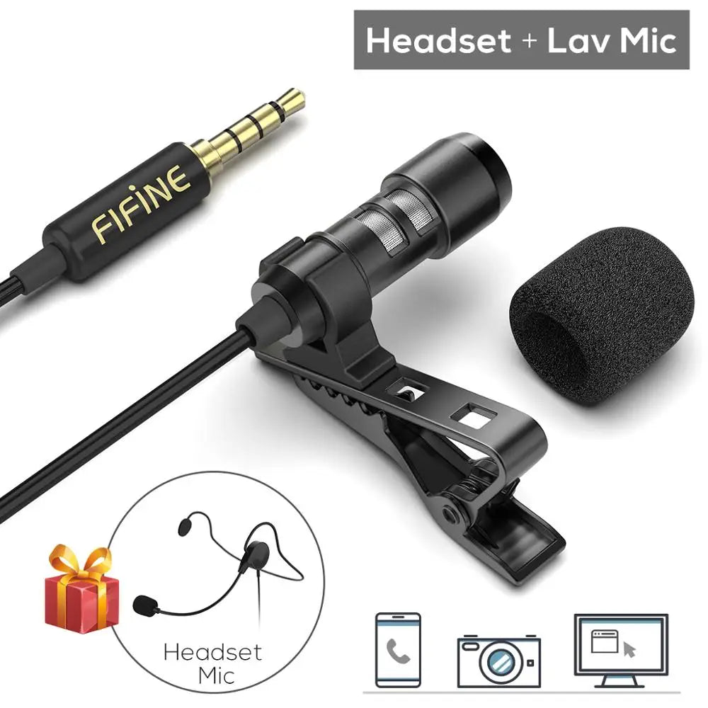 FIFINE headset and lavalier microphone source image with 3.5mm plug
