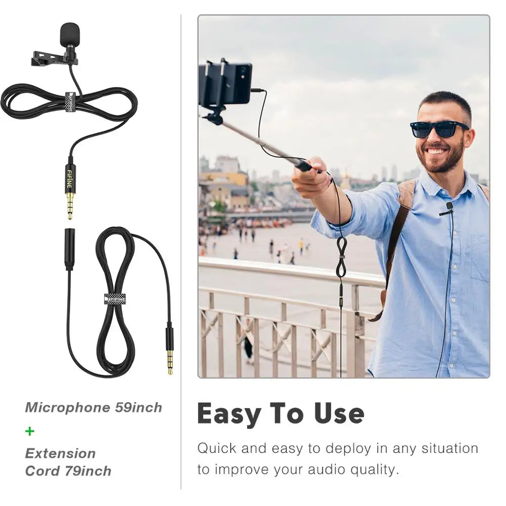 FIFINE clip-on wired lavalier microphone with extension cord shown in source image