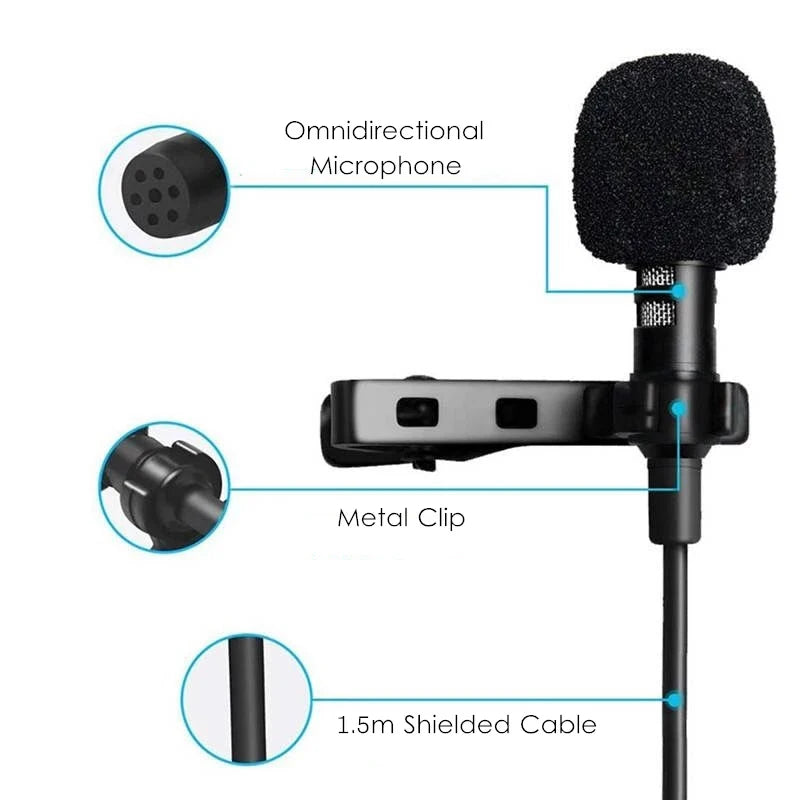 WireClip USB mini lavalier microphone source detail image showing clip, cable, and microphone head