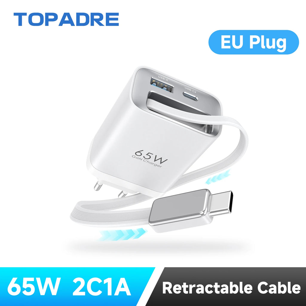 65W GaN Retractable USB-C Travel Charger source-backed product image
