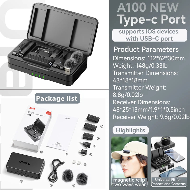 Ulanzi A100 Type-C kit package list and product parameters