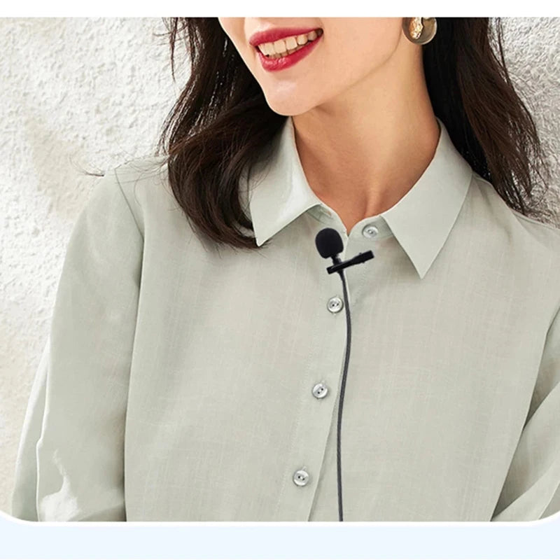 WireClip lavalier microphone clipped to a shirt collar