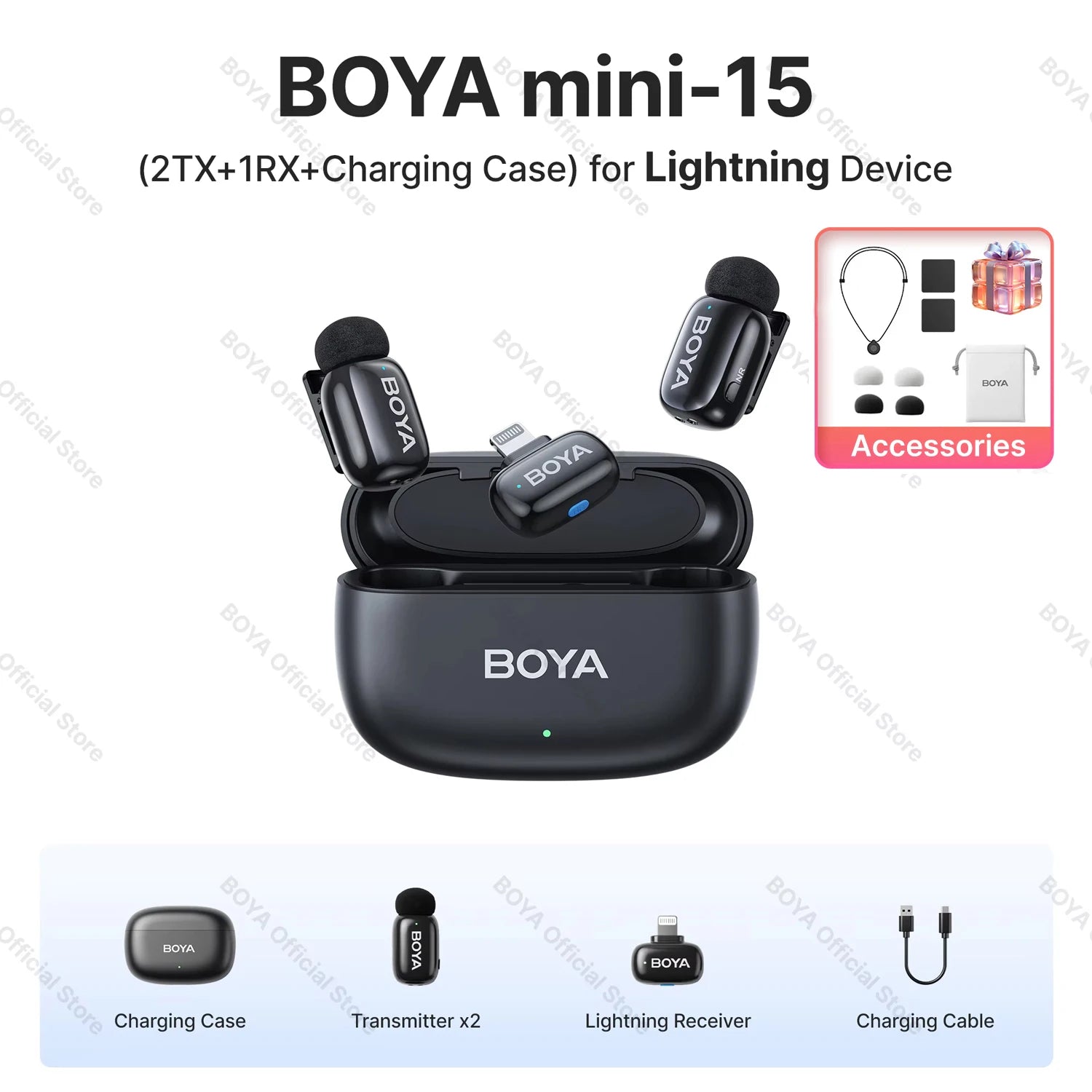 BOYA mini-15 Lightning wireless lavalier kit with accessories shown