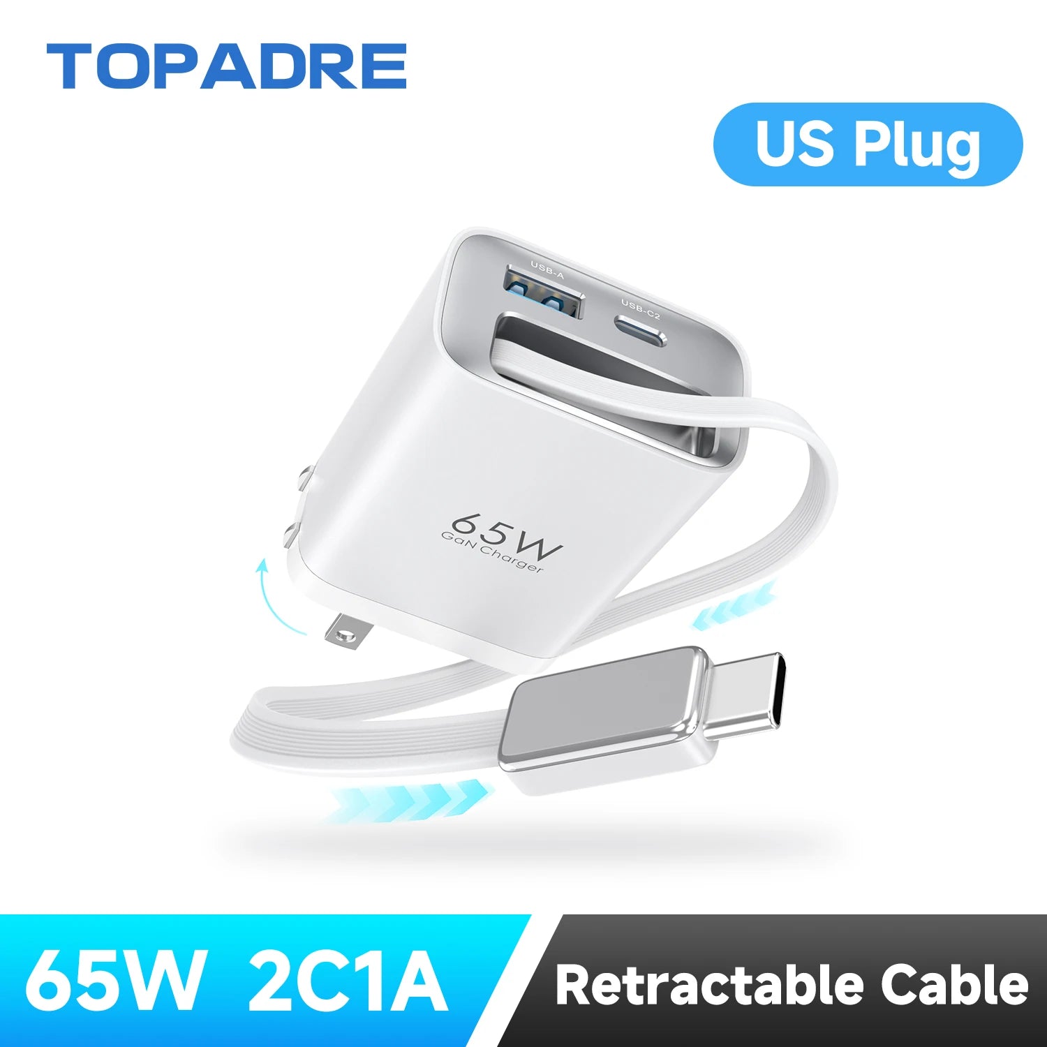 65W GaN Retractable USB-C Travel Charger source-backed product image
