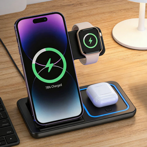 Foldable 3-in-1 charging station on a desk charging phone, watch, and earbuds