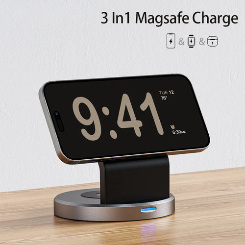 Fixed 3-in-1 Magnetic Wireless Charger Stand on a desk with phone in landscape orientation
