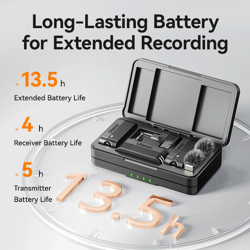 Ulanzi A100 battery-life source graphic showing case, receiver, and transmitter runtime