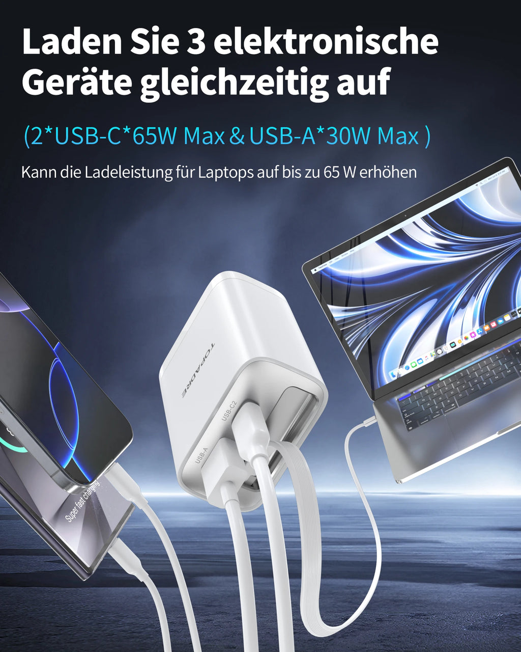 65W GaN Retractable USB-C Travel Charger source-backed product image