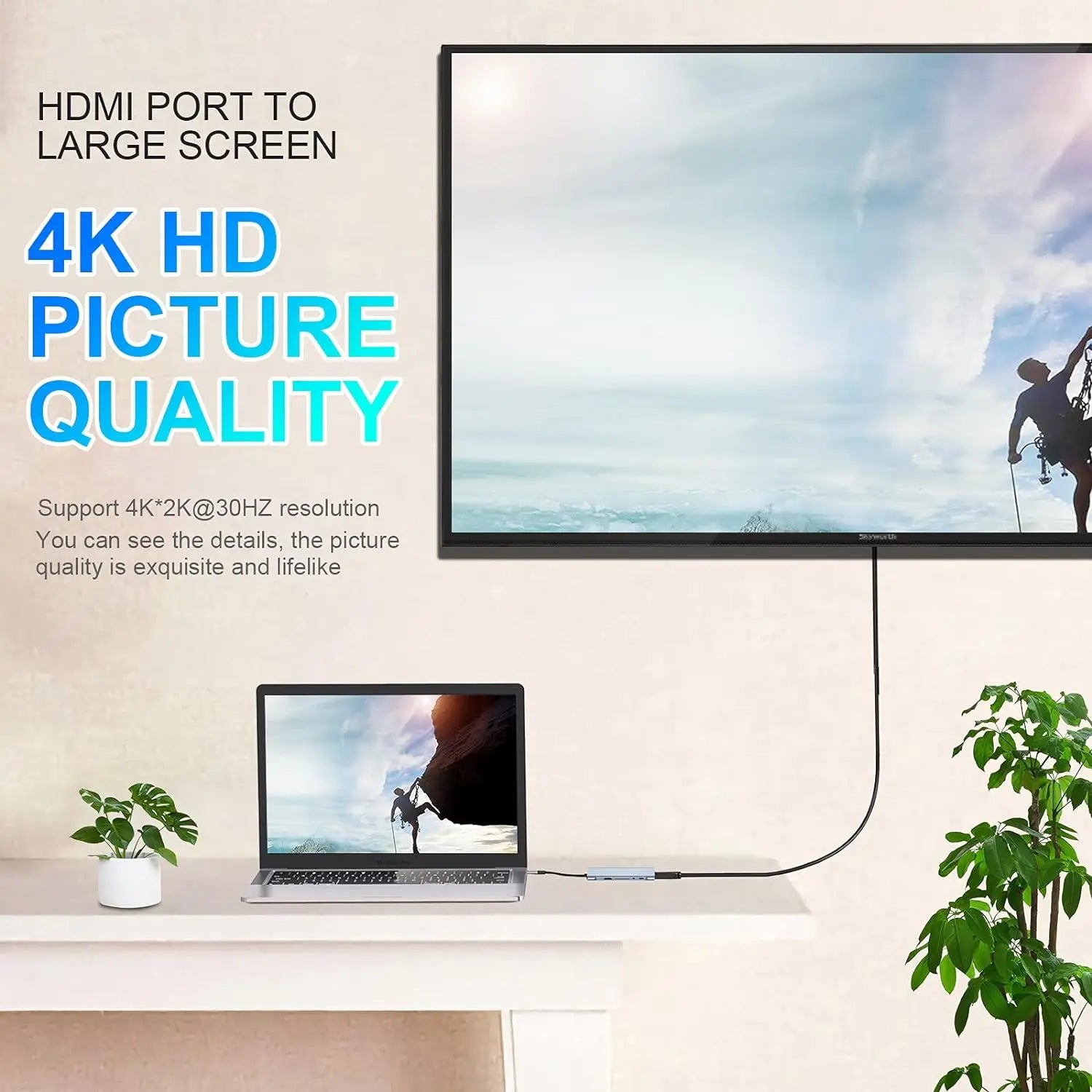 USB-C HDMI hub connected to a laptop and external display