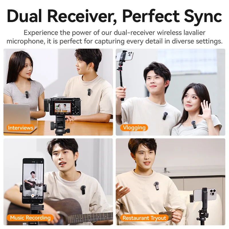 Ulanzi A100 dual receiver use-case source image for interviews, vlogging, and music recording