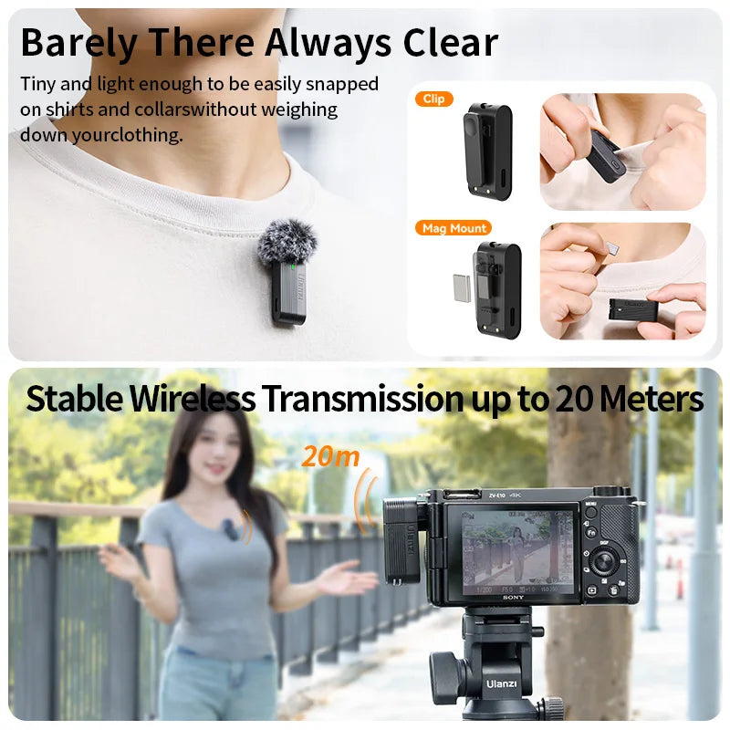 Ulanzi A100 clip and magnetic mount wearing options with 20 meter wireless transmission claim