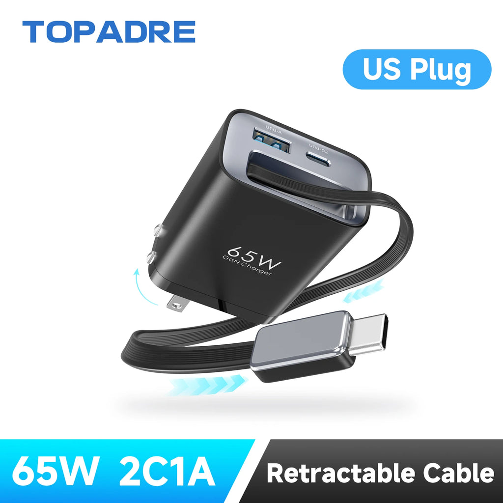 65W GaN Retractable USB-C Travel Charger source-backed product image