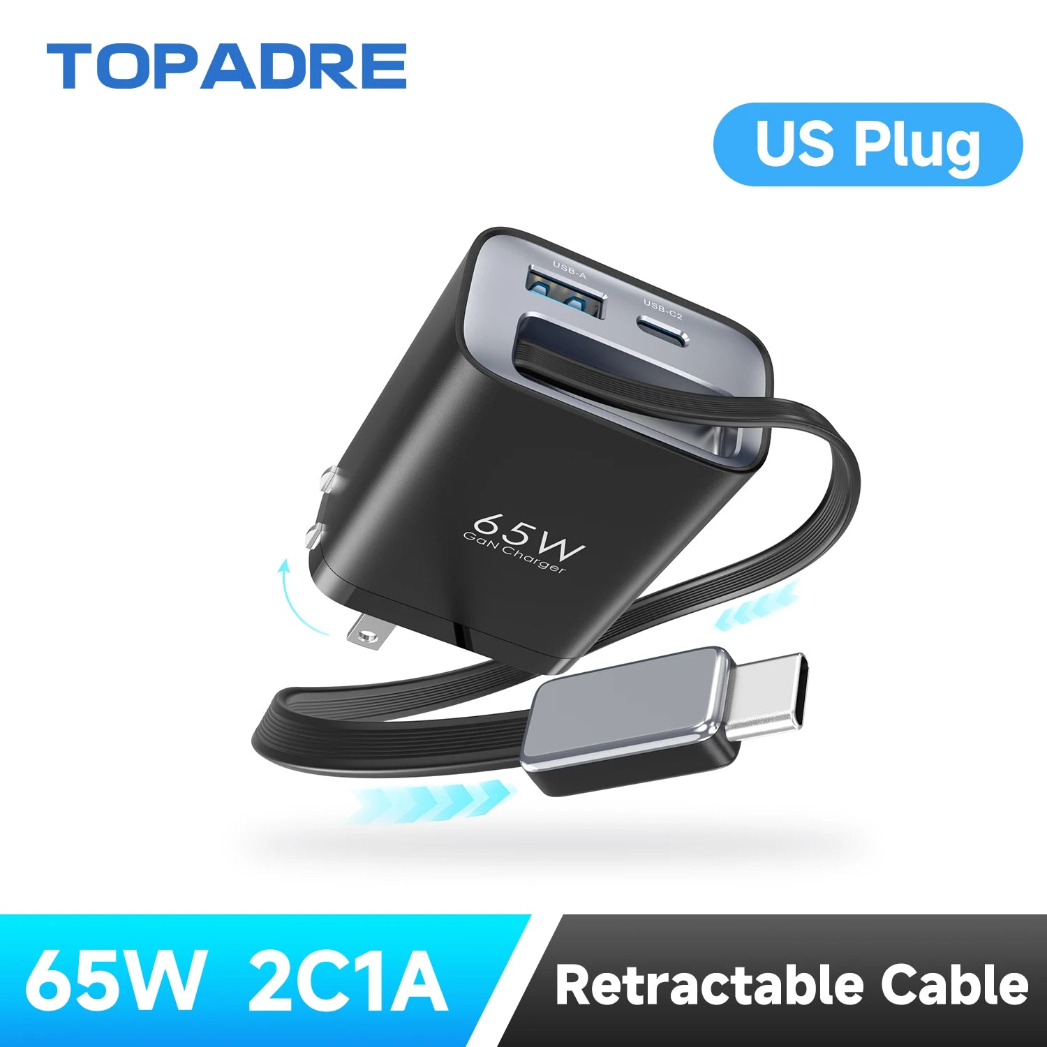 65W GaN Retractable USB-C Travel Charger source-backed product image