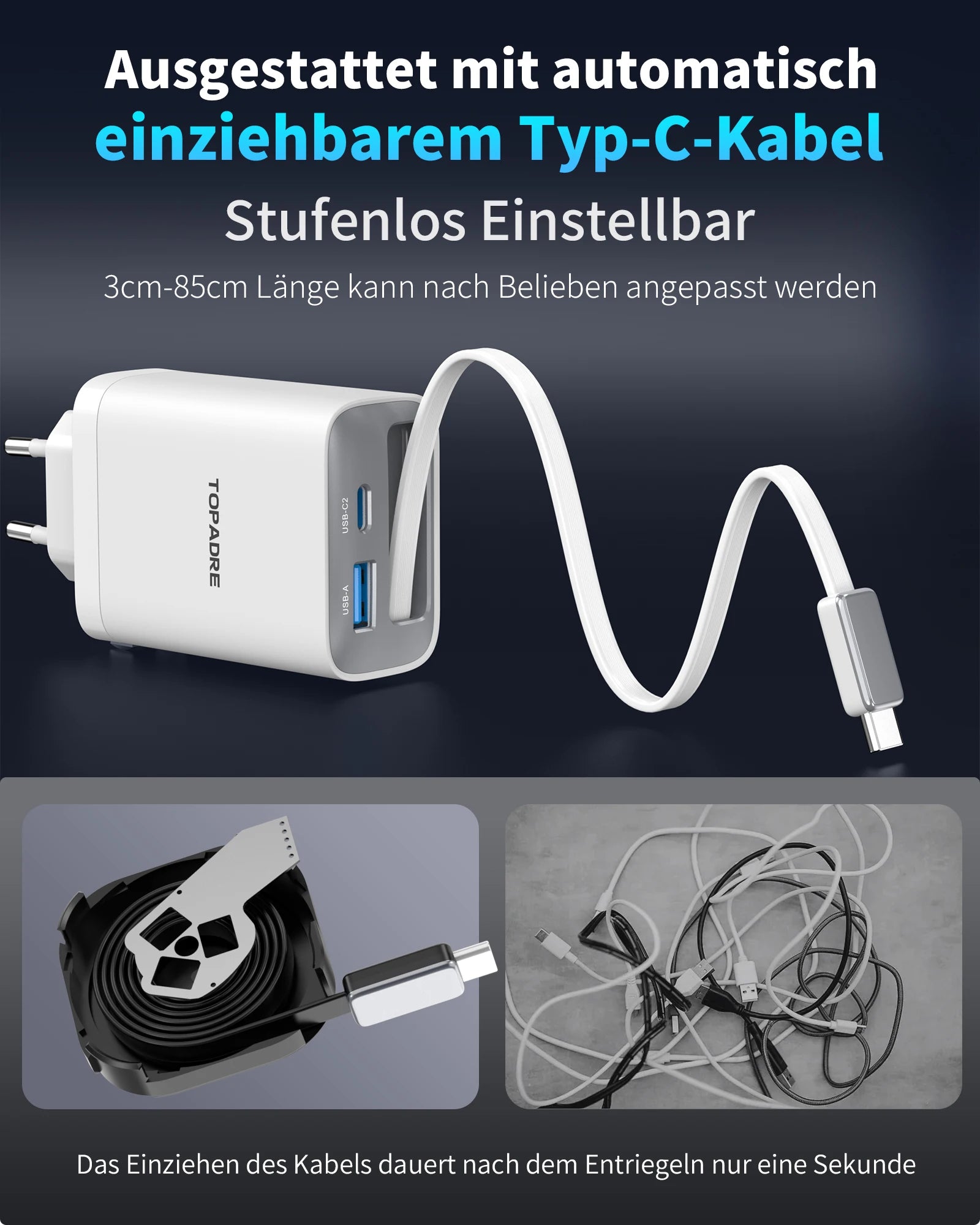65W GaN Retractable USB-C Travel Charger source-backed product image