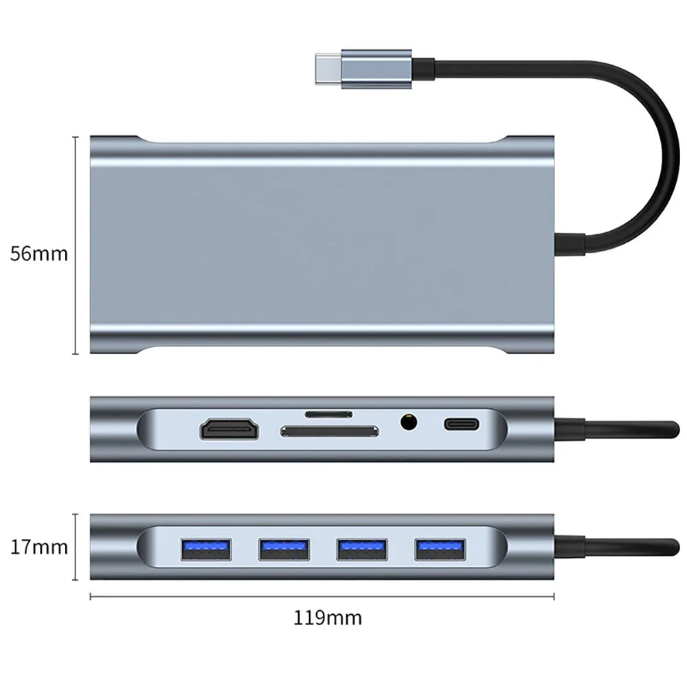 Grey 6-in-1 USB-C HDMI hub dimensions and side views