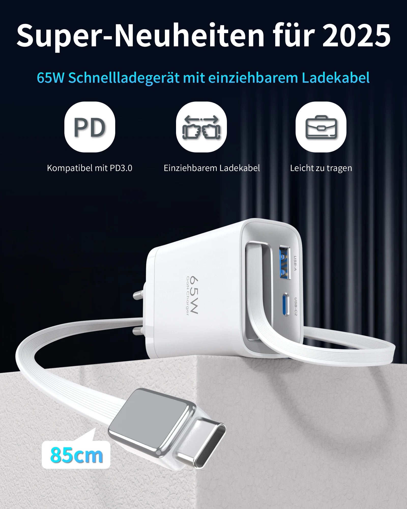 65W GaN Retractable USB-C Travel Charger source-backed product image