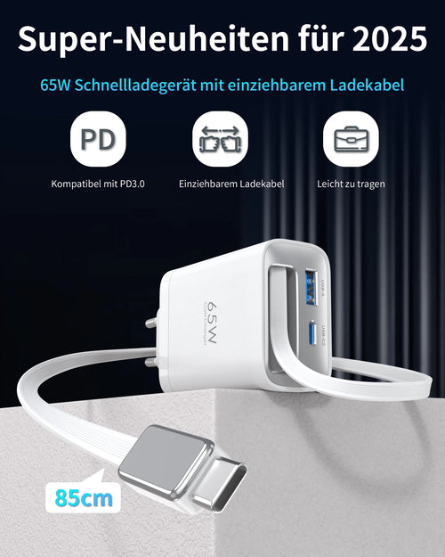 65W GaN Retractable USB-C Travel Charger source-backed product image