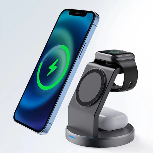 Fixed 3-in-1 Magnetic Wireless Charger Stand black product view with phone and watch charging points