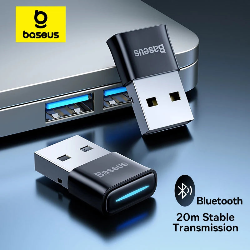 Baseus USB Bluetooth adapter plugged into a laptop USB port