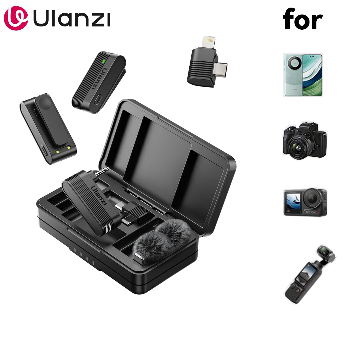 Ulanzi A100 wireless lavalier kit with case, clip-on microphones, receiver, and windscreens