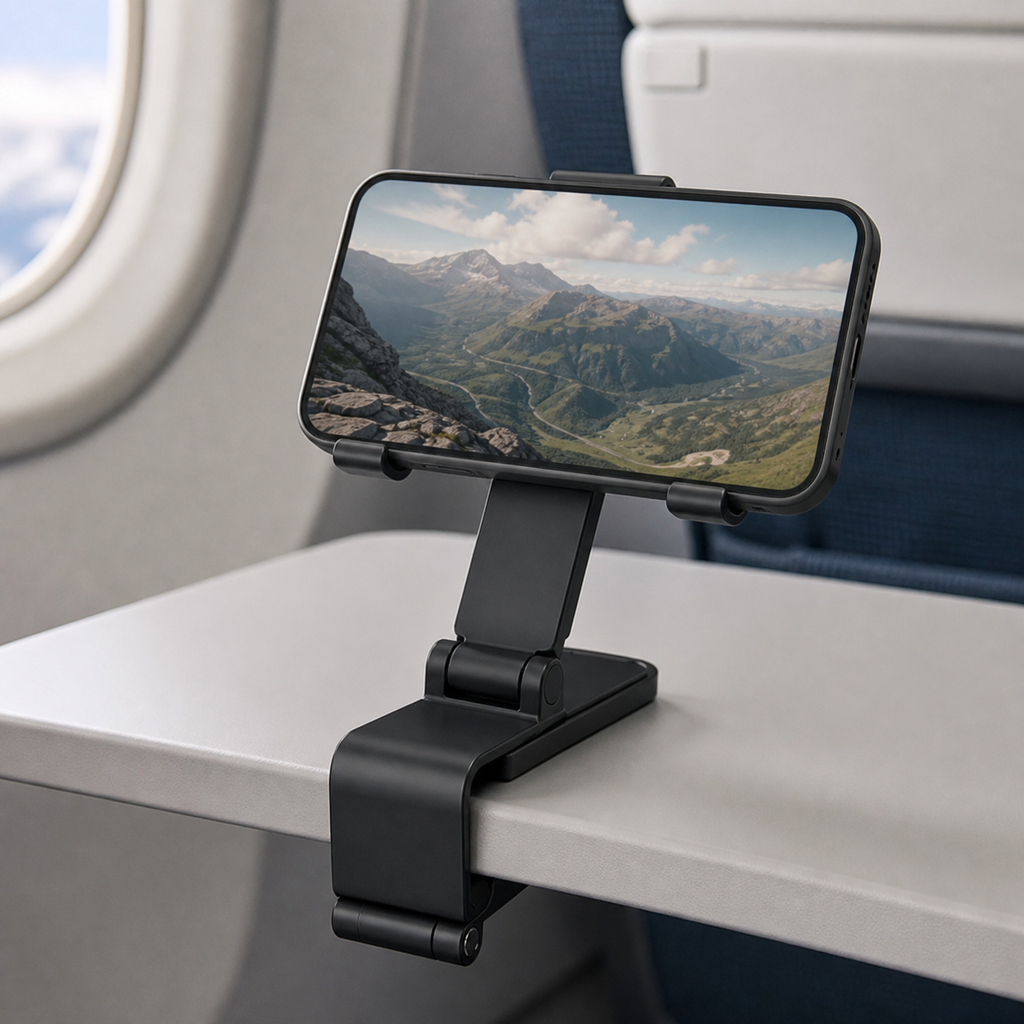 AirClip travel phone holder clipped to an airplane tray table holding a phone