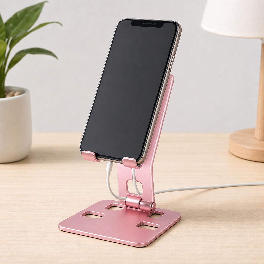 Pink foldable aluminum phone stand holding a phone on a desk