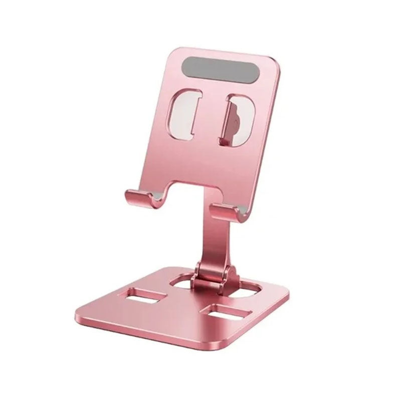 Pink foldable aluminum phone stand on a white background
