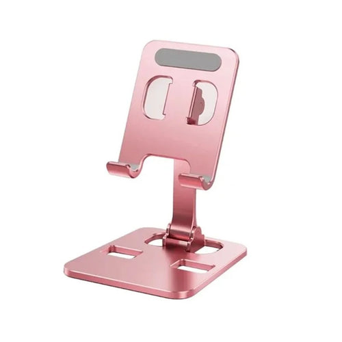 Pink foldable aluminum phone stand on a white background
