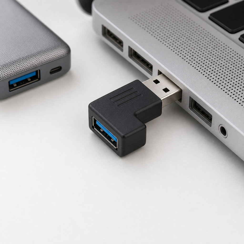 USB-A right-angle adapter plugged into a laptop port
