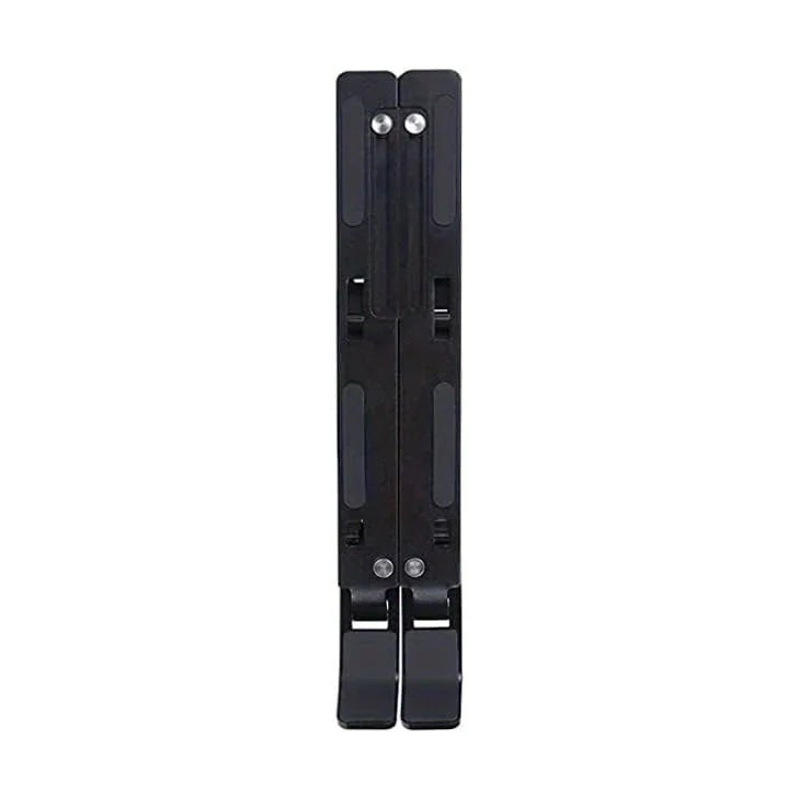 Black laptop stand in its folded position, shown without accessories.