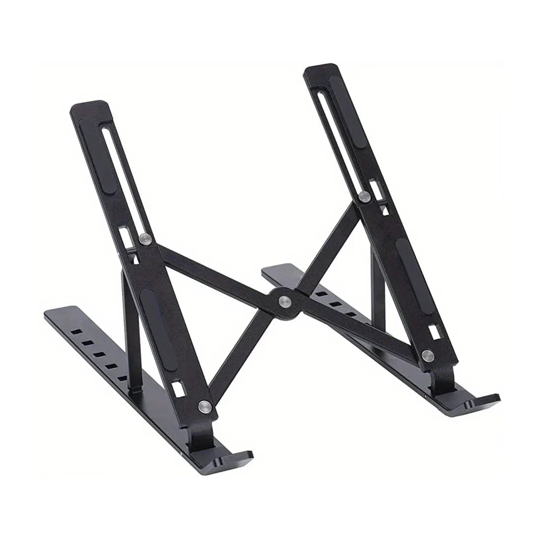 Black folding laptop stand shown open, with crossed support arms and adjustment slots.