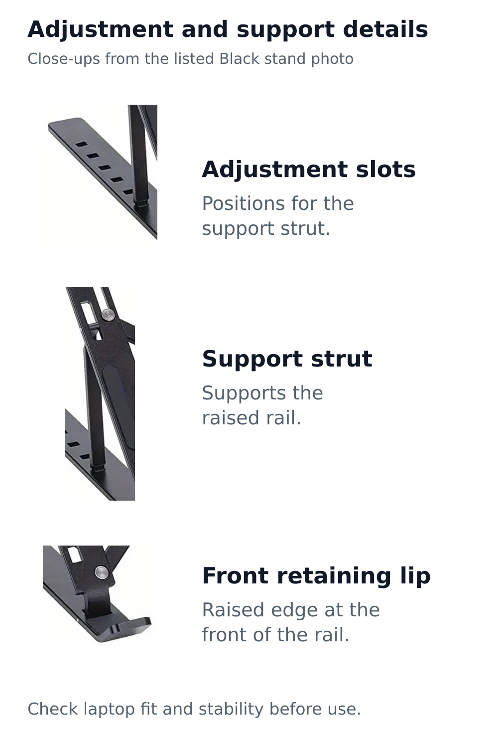 Source-photo details of the black laptop stand showing adjustment slots, the support strut and a front retaining lip.