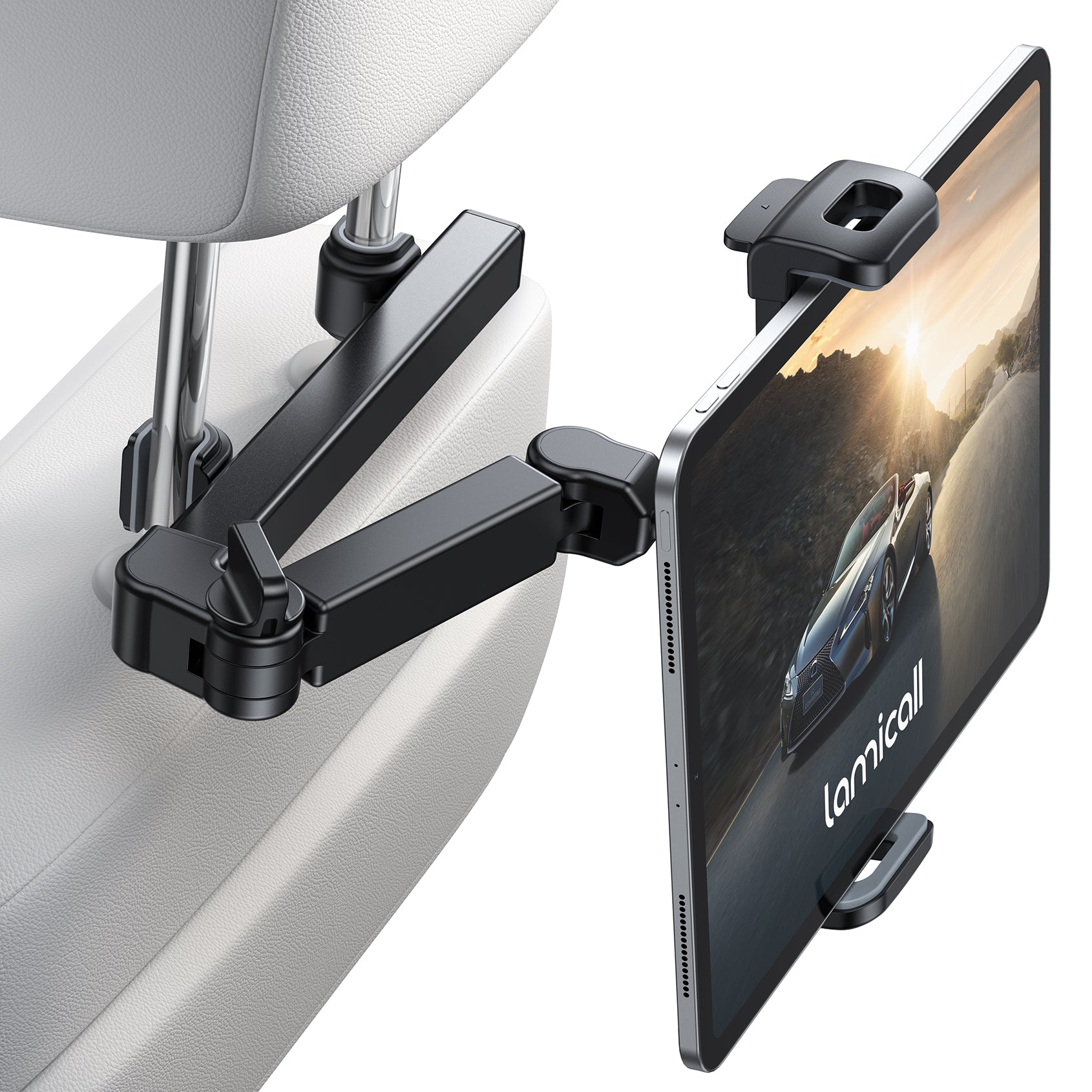 SeatView car headrest tablet mount installed behind a seat holding a tablet