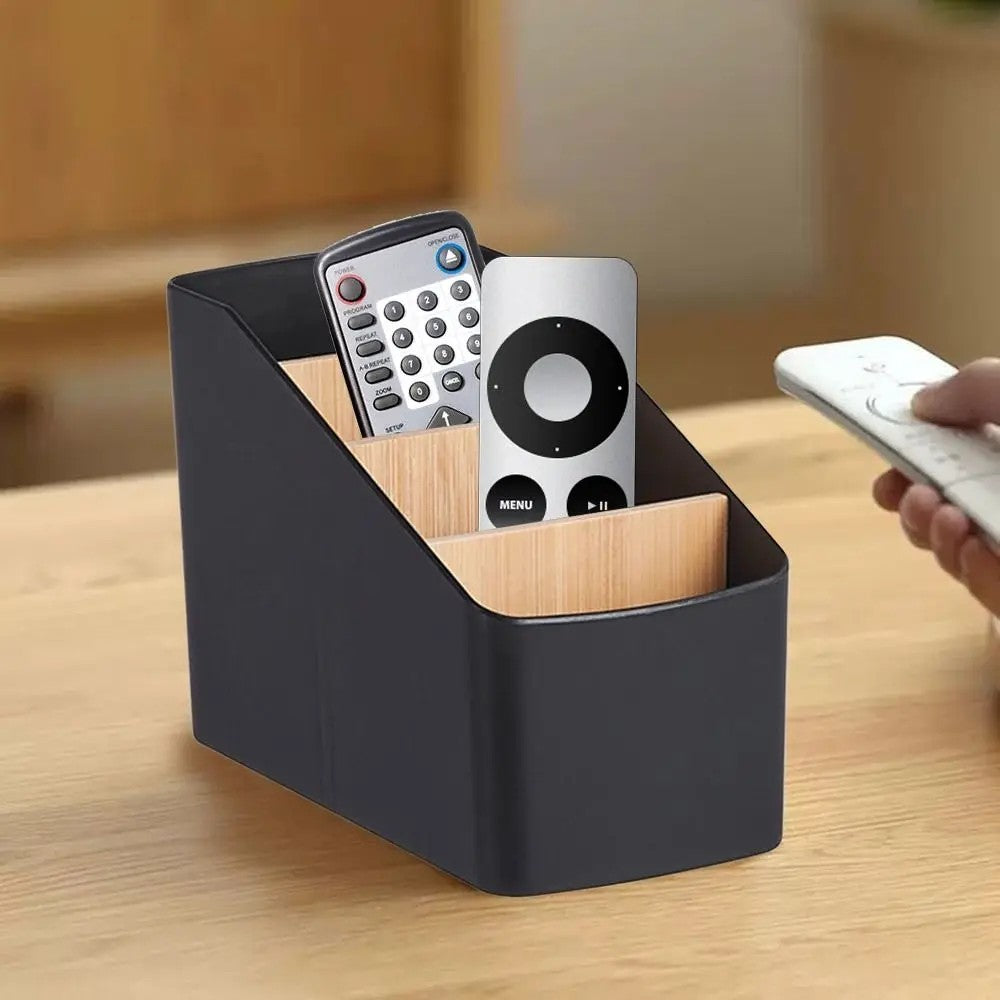 RemoteNest black desktop remote organizer with remotes stored inside