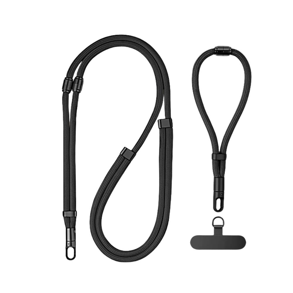 SwitchStrap adjustable black phone lanyard and phone anchor on a white background