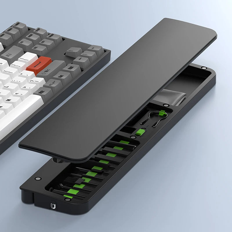 CleanKit 22-in-1 device cleaning tray in black with open storage tray