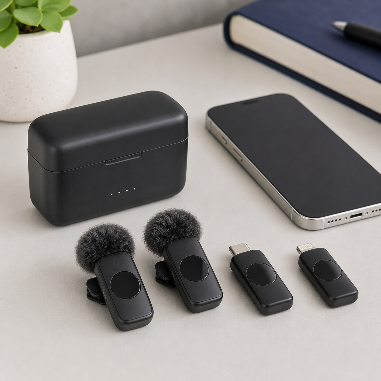 Wireless lavalier microphone kit with clip-on mics and phone receivers on a desk