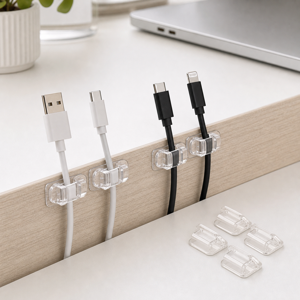 ClipDock transparent adhesive cable clips organizing charging cables along a desk edge