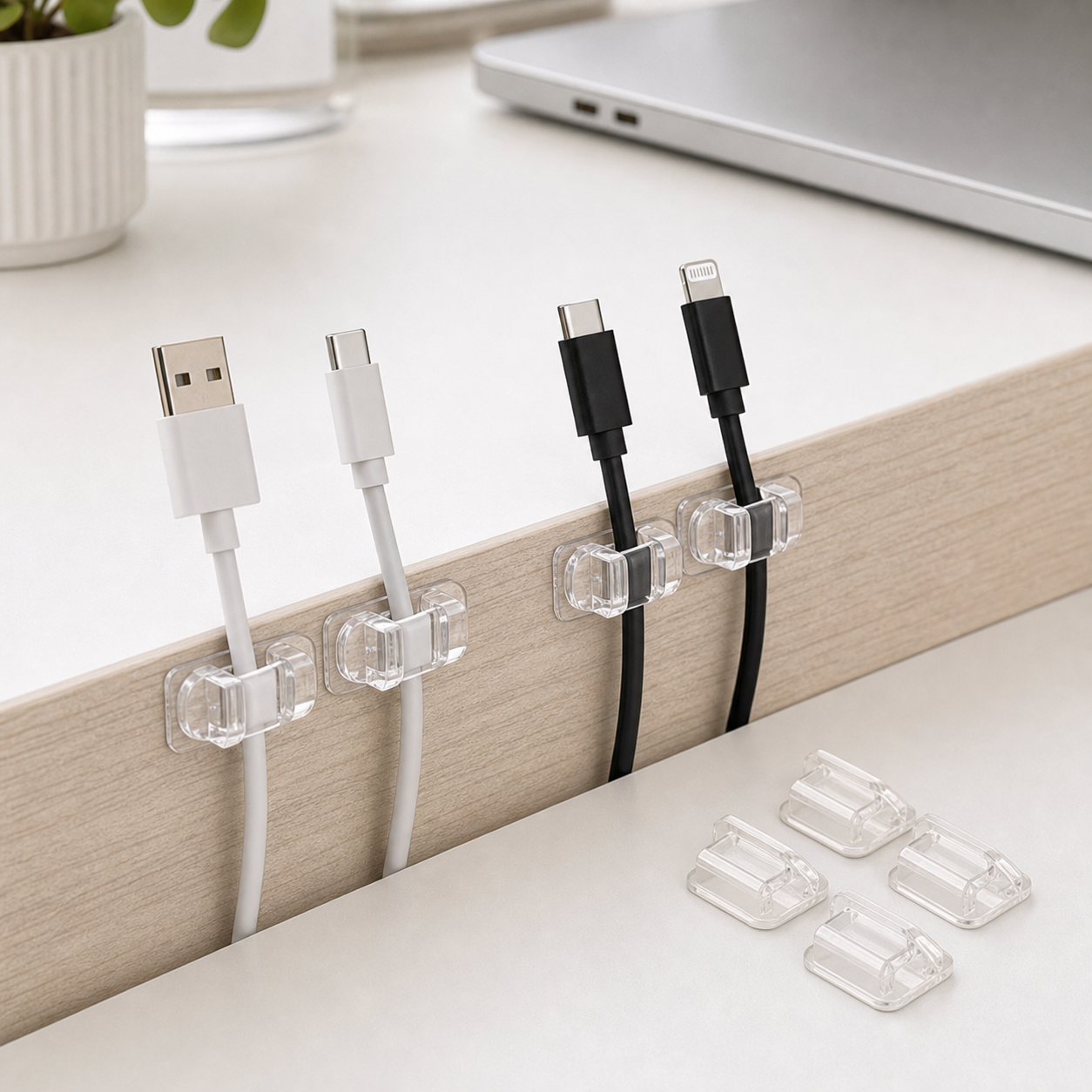 ClipDock transparent adhesive cable clips organizing charging cables along a desk edge