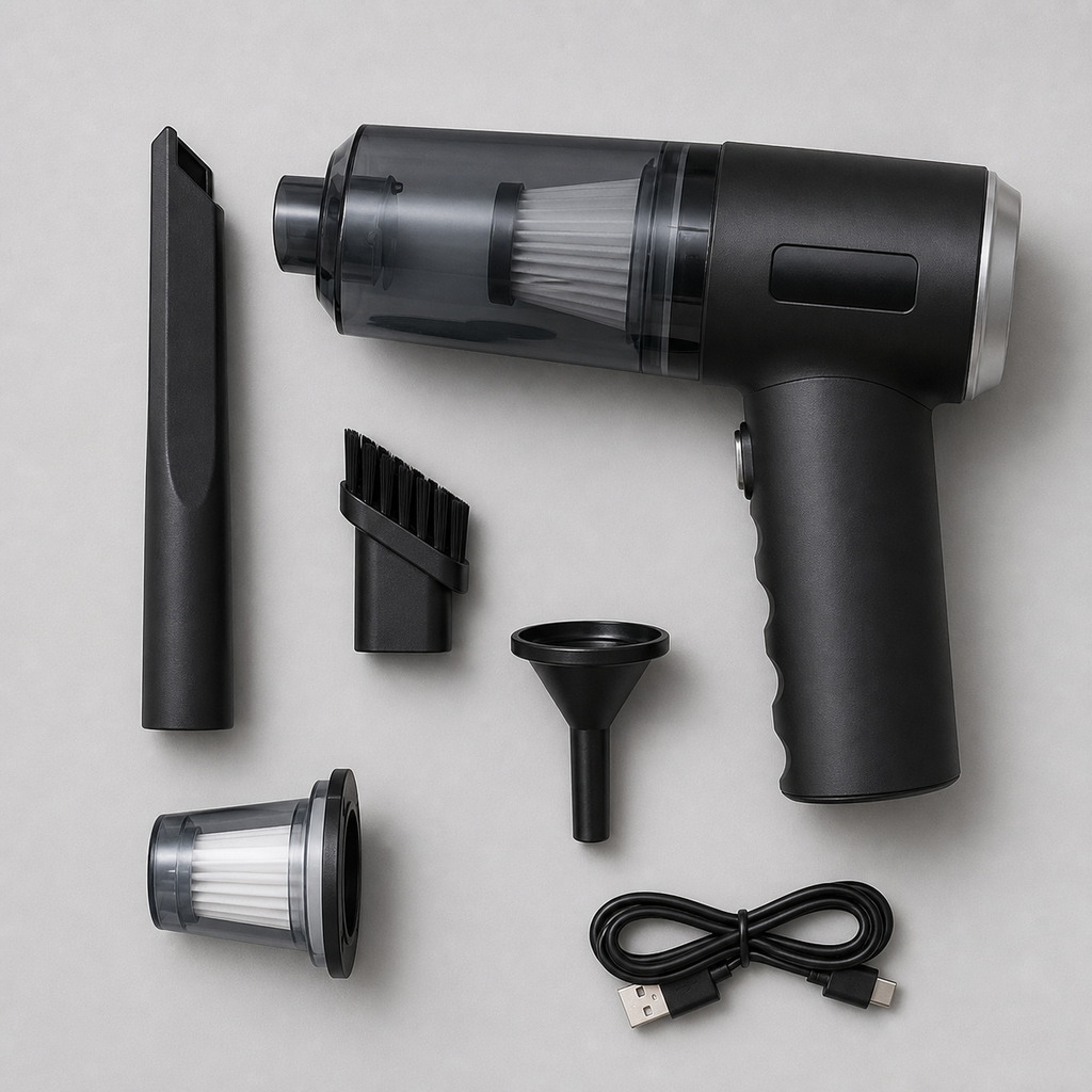 Cordless 5-in-1 car vacuum flat lay with brush nozzle, crevice tool, funnel nozzle, filter, and USB cable