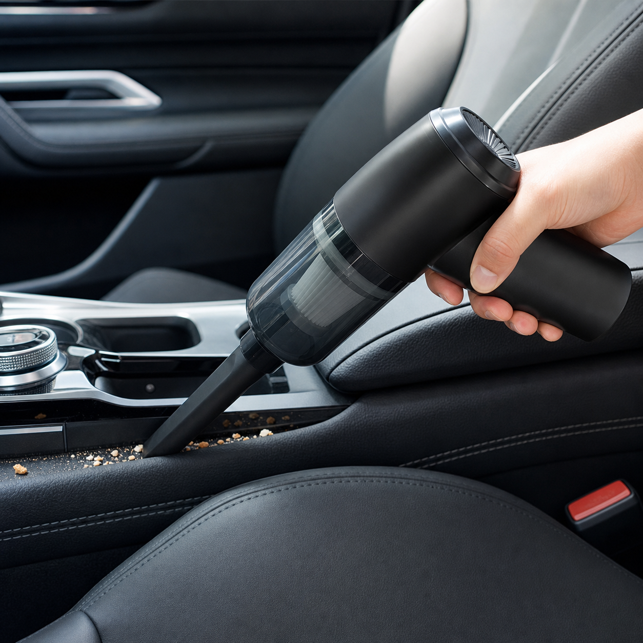 Cordless compact car vacuum cleaning crumbs from a vehicle center console gap