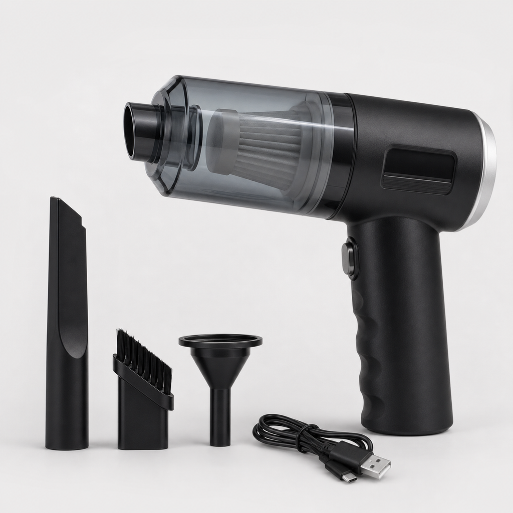 Cordless 5-in-1 car vacuum with included nozzle accessories and USB charging cable