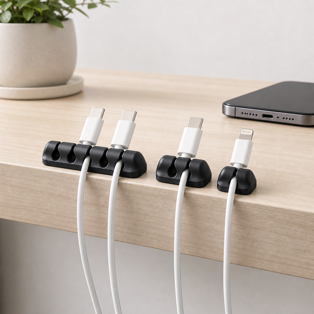 Black adhesive cable organizer clips routing charging cables on a desk edge