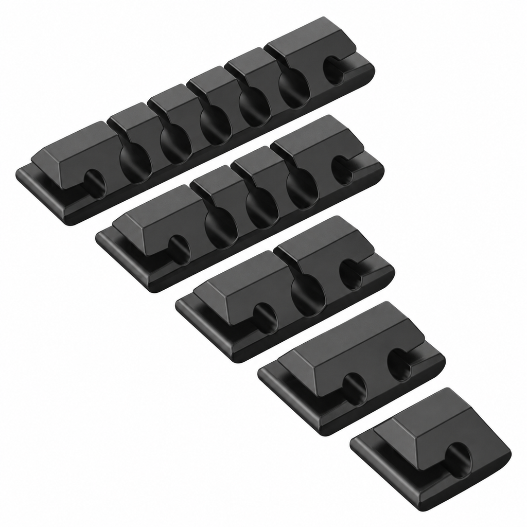 Five black cable organizers with 7, 5, 3, 2 and 1 slots; edited from supplier image