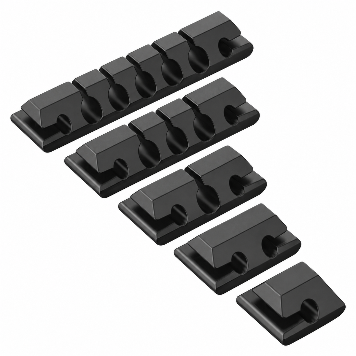 Five black cable organizers with 7, 5, 3, 2 and 1 slots; edited from supplier image